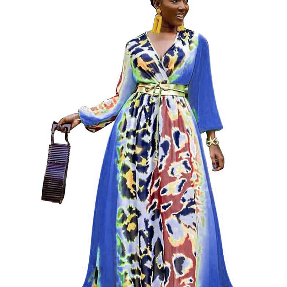 e-commerce  african plus size women's leopard print patchwork printed waist-cinching dress v-neck long sleeve belted