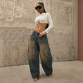 Fashionjeans women's retro distressed patchwork scimitar loose pants high street large flap pocket pants washed looseworkwearpants