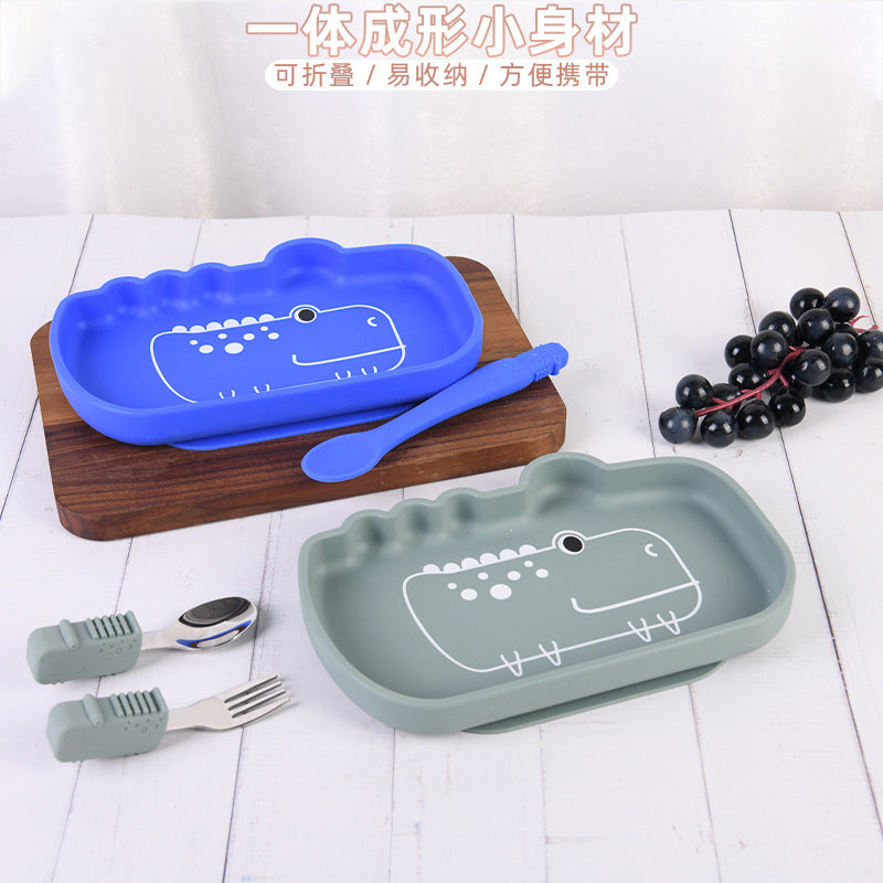 Children's Crocodile Elephant Silicone Plate Set Supplementary Food Grid Infant Learning to Eat Training with Suction Cup
