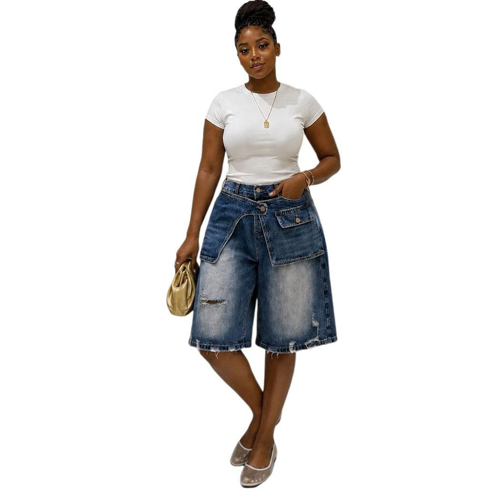 European and american style retro faux two-piece denim shorts -  cross-border women's summer distressed high-waisted capri jeans