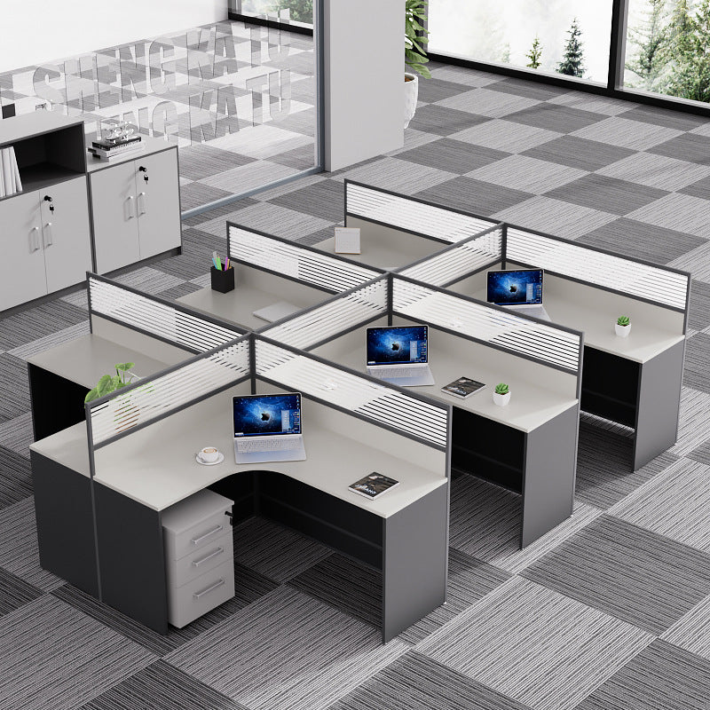 6-person office desk and chair set - minimalist modern office cubicle system with individual workstations and 4-seat partitioned computer desks
