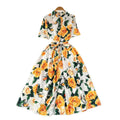 French chic elegant printed dress - women's summer  tie-waist slimming collared short sleeve shirt dress
