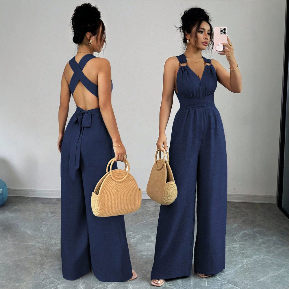 women's halterv neckbackless jumpsuit waist tie backloose pantswork clothingcasualslimming look jumpsuit