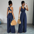 women's halterv neckbackless jumpsuit waist tie backloose pantswork clothingcasualslimming look jumpsuit