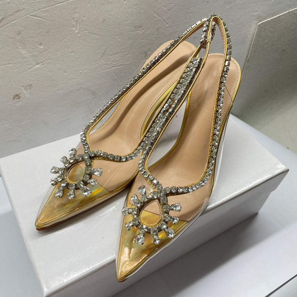 Transparent one-line high-heeled sandals niche style back empty toe high-heeled shoes women's stiletto pointed toe fashion super high heels