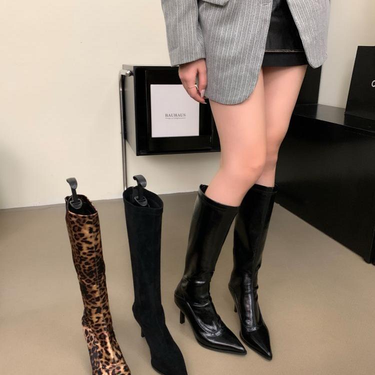fall/winter new collection pointed-toe stiletto heel fashion runway leopard print over-the-knee boots high boots women's boots high heel single boots