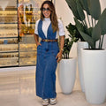 European and american style denim jumpsuit dress -   new cross-border women's fashion deep v slit overalls maxi dress