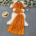 French style women's summer outfit: premium 3d floral tie-waist short-sleeve pleated top + high-waisted midi skirt
