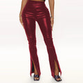 Wish  sexy pu leather pants, european and american classic high-waisted stretch flare leggings, women's slit long pants, plus size