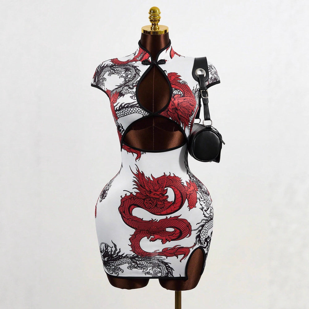 Chinese style summer women's dragon print short sleeve slim-fit mandarin collar dress - elegant & chic - ozon export