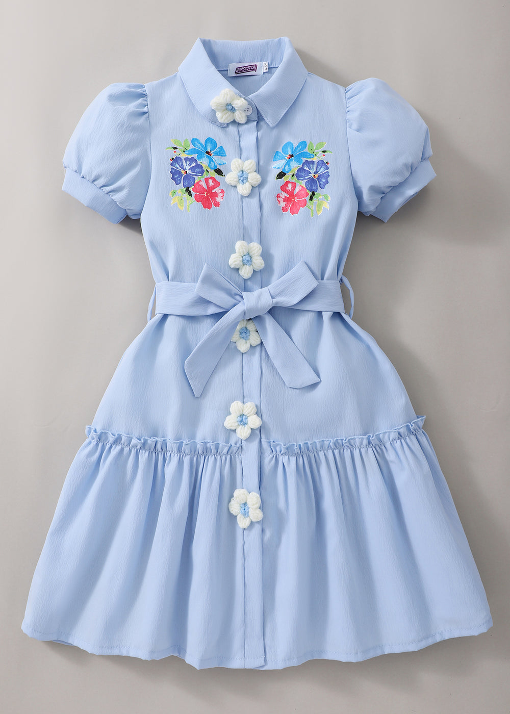Girls' dress for toddlers and big kids, butterfly knot waist, floral button short sleeve dress