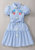 Girls' dress for toddlers and big kids, butterfly knot waist, floral button short sleeve dress