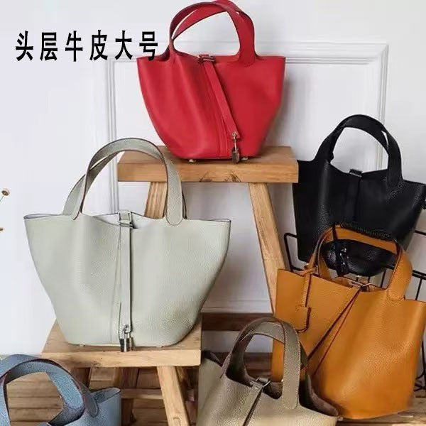 genuine leather women's bag bucket bag easiest for match 22cm large vegetable basket first layer cowhide women's 2025new arrivalsatchel bag