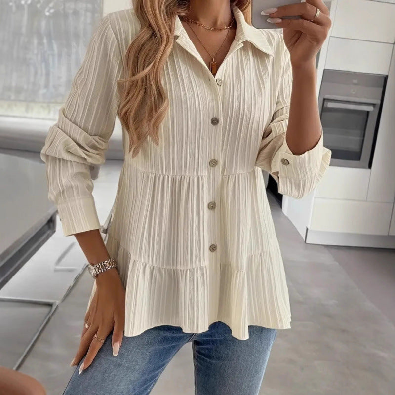 Shipped: new solid color casual textured long-sleeve button-down shirt for us & european cross-border e-commerce ()