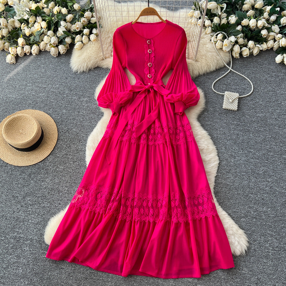 Exportlacepatchworkcut out pleated dress women's long sleeveshigh waista-line skirt large swing high elasticity long skirt