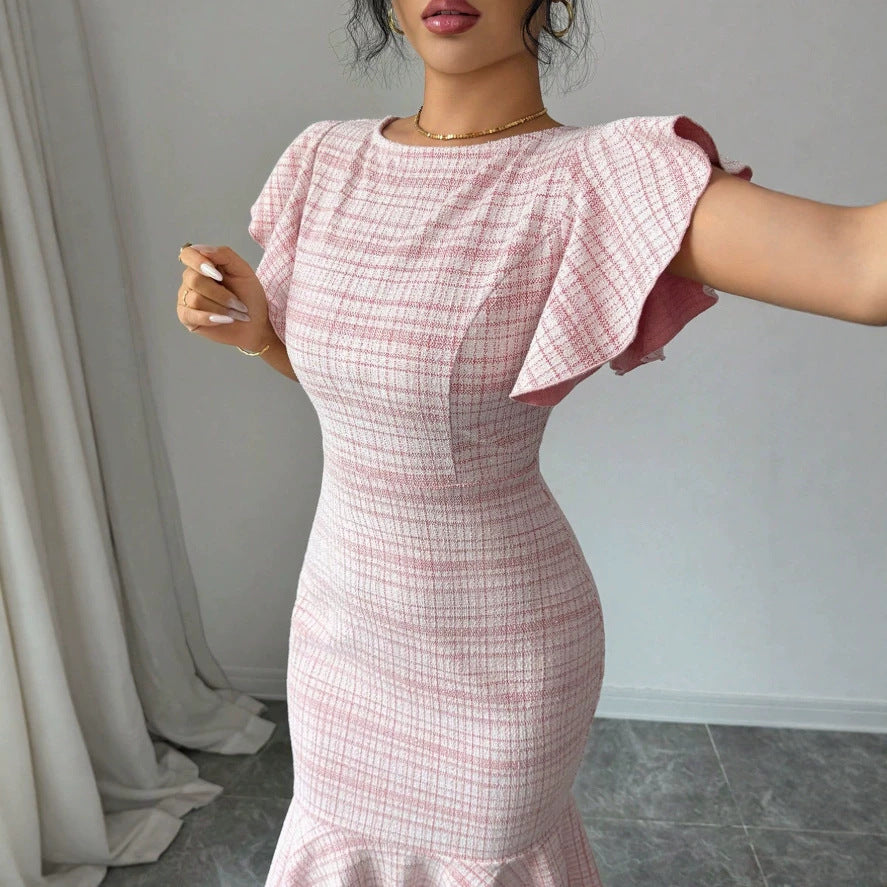 new arrival tweed style dark gray tweed short sleeve dress round neck contrast color button fishtail skirt short skirt