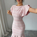 new arrival tweed style dark gray tweed short sleeve dress round neck contrast color button fishtail skirt short skirt