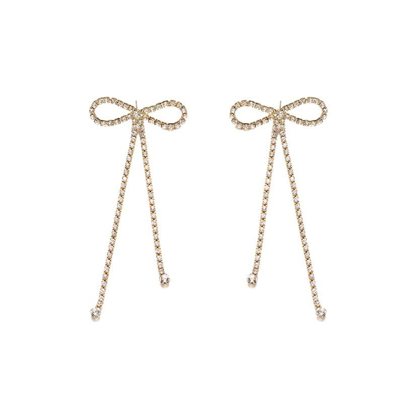 Wholesale new arrival cross-border bowknot rhinestone jewelry exaggerated fashion tassel light luxury earrings alloy stud earrings for women