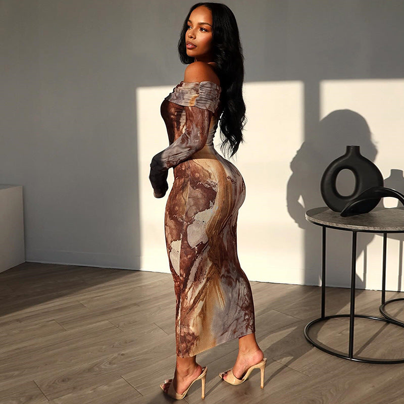 European and american style ins foreign trade women's retro fashion printed one-shoulder long sleeve one-step dress trendy 3d print
