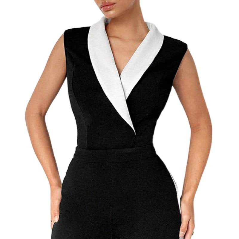 Women's sleeveless color block lapel bodysuit v-neck slim fit blazer style top for office and party occasions
