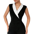 Women's sleeveless color block lapel bodysuit v-neck slim fit blazer style top for office and party occasions