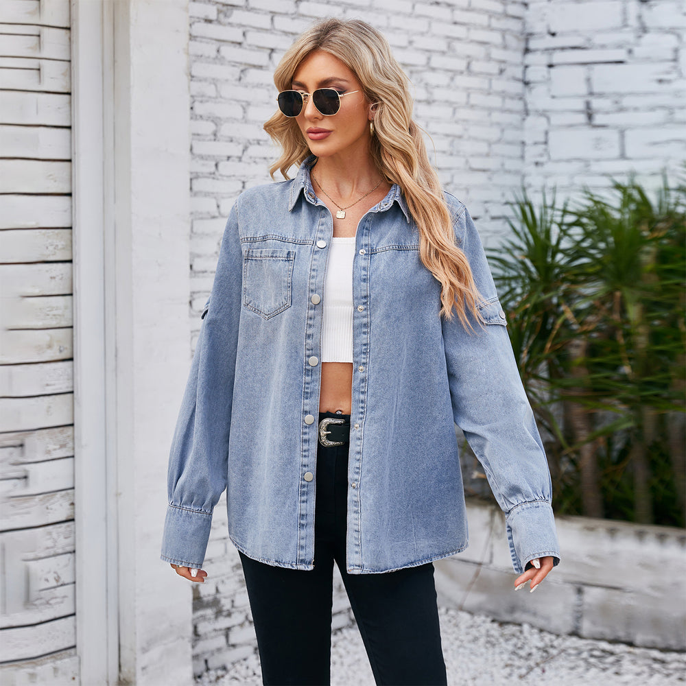 fashioncross-border spring new arrival  washed four-button long sleeves denim shirttops for women