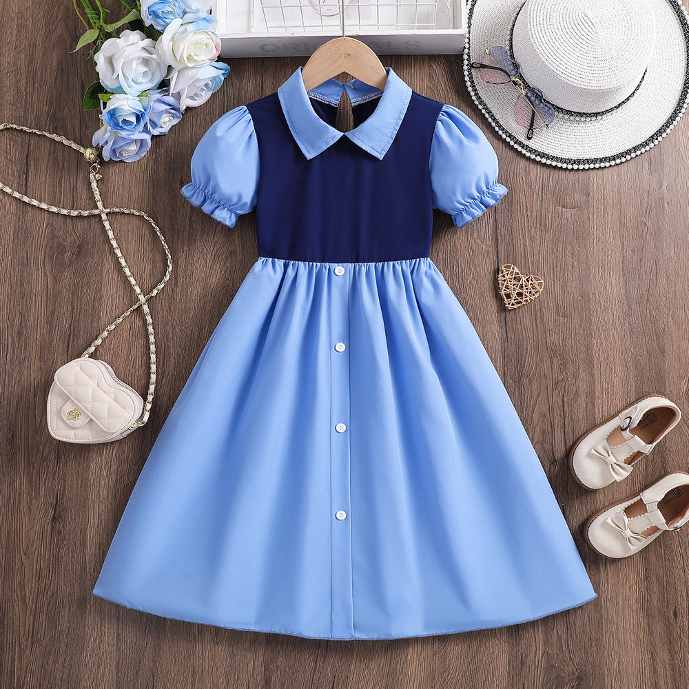 Girls' summer dress  new style: trendy two-piece look, overalls dress with puff sleeves for girls