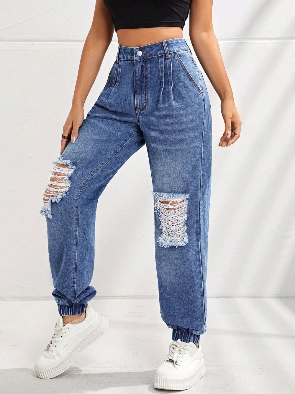 15081#  cross-border women's fashion ins new high-waisted slimming distressed jogger jeans