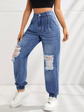 15081#  cross-border women's fashion ins new high-waisted slimming distressed jogger jeans