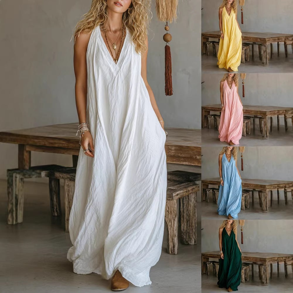 fashion new women's casual sleeveless loose pocket long dress for cross-border e-commerce (us & europe)