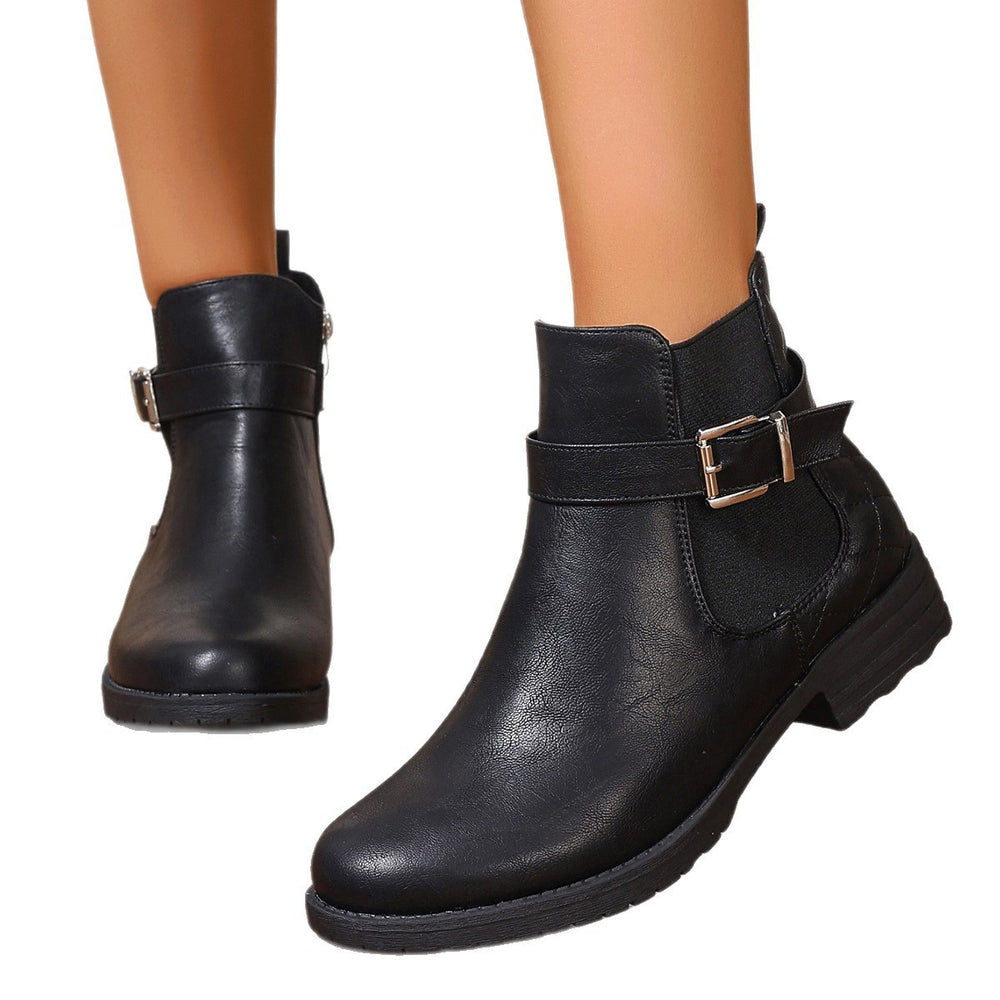 Women's ankle boots - spring, autumn, and winter collection - comfortable chunky heel, low heel, versatile belt buckle, plaid design, ladies' leather boots