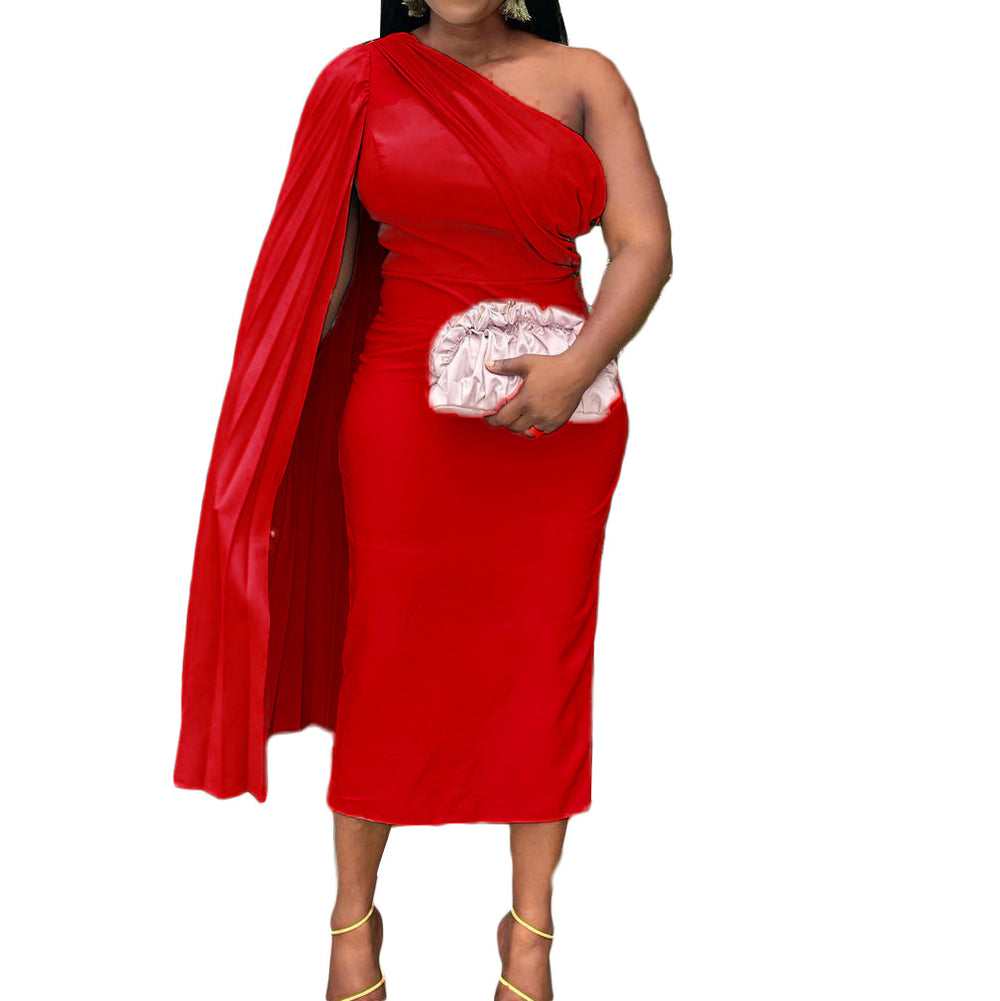 D139t european and american style autumn fashion one-shoulder solid color pleated high-waisted bodycon dress african foreign trade dress