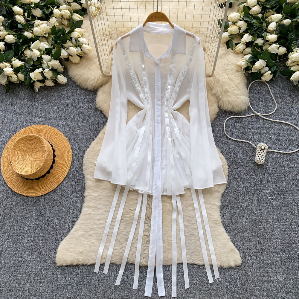Korean style sweet pink a-line dress with ribbon detail - women's summer flirty sequin tie-waist slimming elegant dress