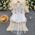 Korean style sweet pink a-line dress with ribbon detail - women's summer flirty sequin tie-waist slimming elegant dress
