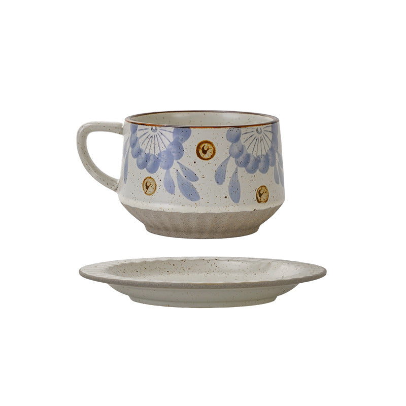Vintage rustic pottery coffee cup and saucer set - hand-painted underglaze ceramic coffee cup - premium drinking cup - birthday & housewarming gift