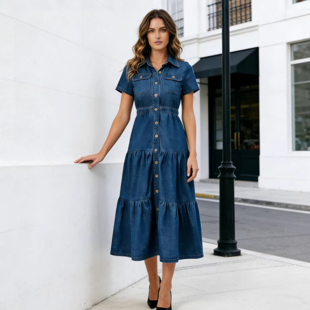 cross-border  new european and american casual short-sleeve denim dress, longline, cinched waist, plus size, trendy and fashionable