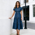 cross-border  new european and american casual short-sleeve denim dress, longline, cinched waist, plus size, trendy and fashionable