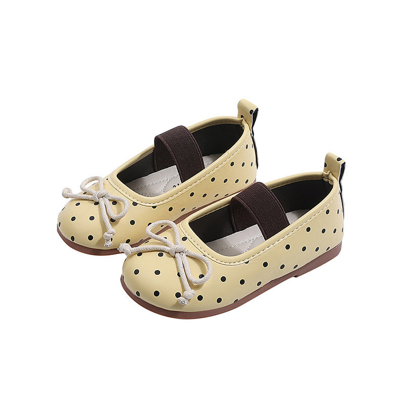 Vancahao girls' korean style polka dot princess shoes,  spring new collection, children's bowknot leather flats, low-cut single shoes