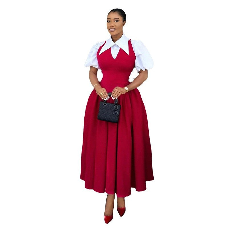European and american style women's summer  elegant bubble sleeve blouse collar high waist slimming dress - faux two-piece