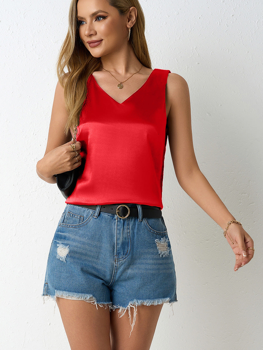 Real shot european and american cross-border women's spring and summer new arrival satin vest v neckcasual camisole shirt summer wholesale