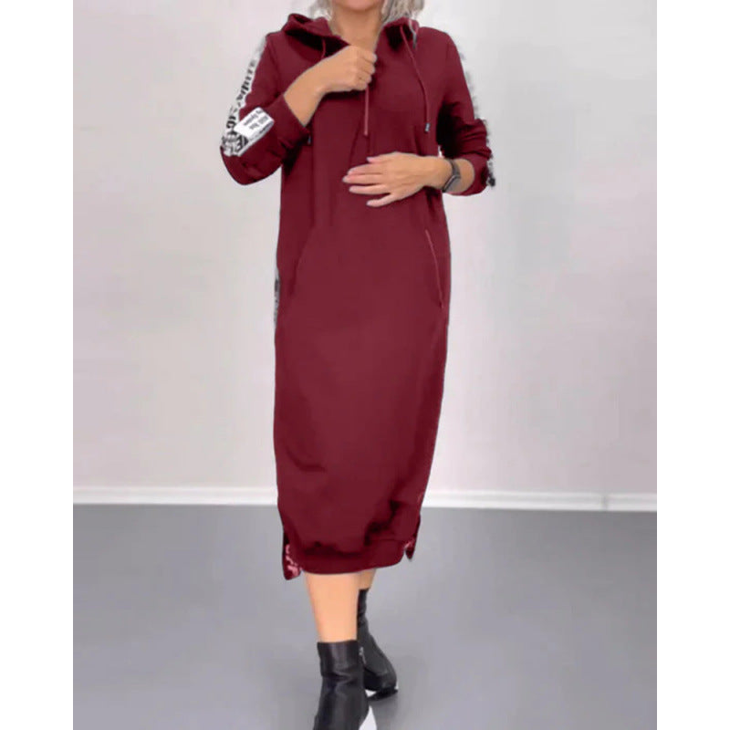 fall/winter new arrivals: european and american fashion slit letter print hooded long sleeve dress - women's apparel