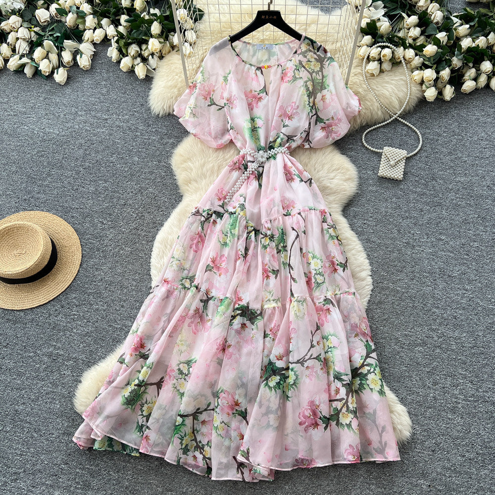 French chic v-neck floral dress - women's summer korean style short sleeve slimming a-line maxi dress - vacation ready