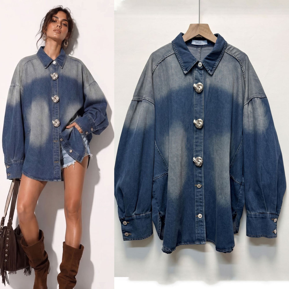 Export spring & fall lapel sense of design metal buckle retro gradient color washed looselong sleeves denim shirt shirt for women