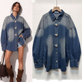 Export spring & fall lapel sense of design metal buckle retro gradient color washed looselong sleeves denim shirt shirt for women