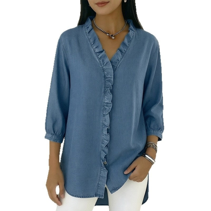 european and american export women's fashion solid color shirt with lace sleeve detail, casual blouse, new summer women's clothing