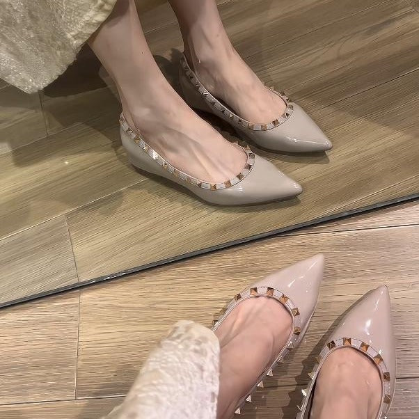 2024new arrival spring and summer studded flats shoes shallow patent leather willow soft bottom boat shoes flats shoes women's pointed toe flats women