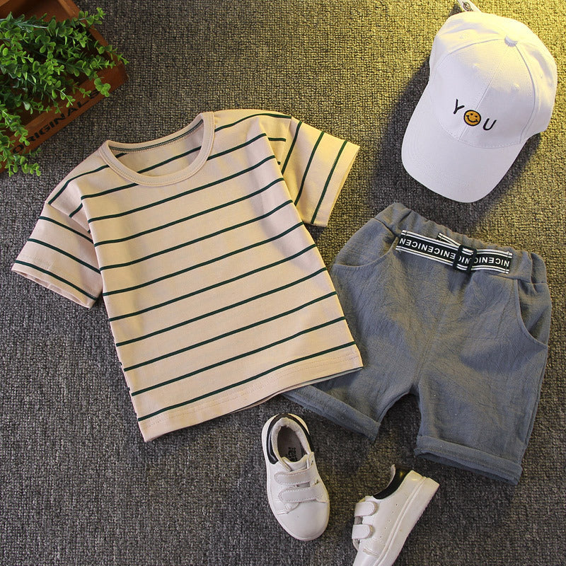 Boys' summer outfit  new arrival: baby boy short-sleeve set, summer infant and toddler boy two-piece striped casual outfit