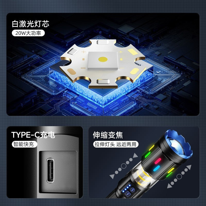 Cross-border new telescopic zoom white laser strong light flashlight, outdoor lighting multi-function LED camping flashlight