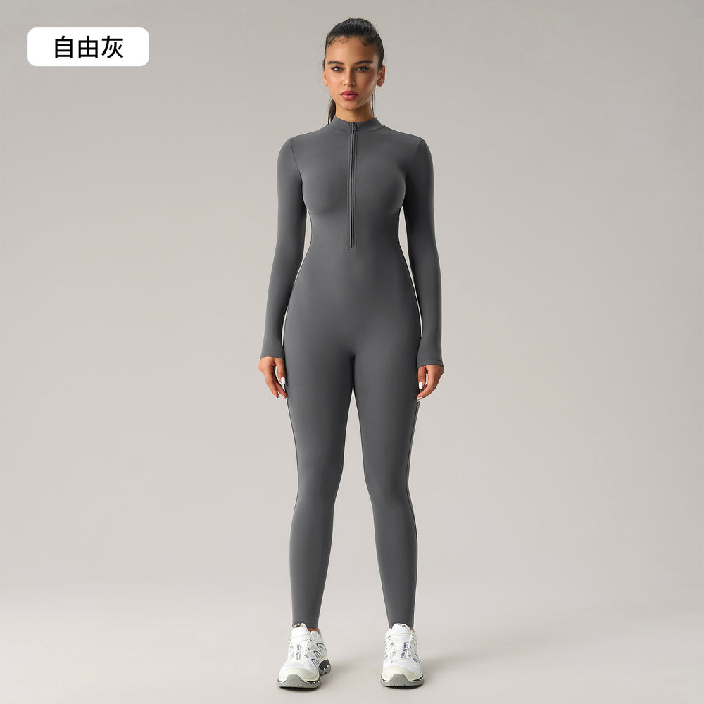 European and american high-stretch bodysuit yoga outfit - half-zip long sleeve workout suit - peach lift butt yoga leggings dlt002