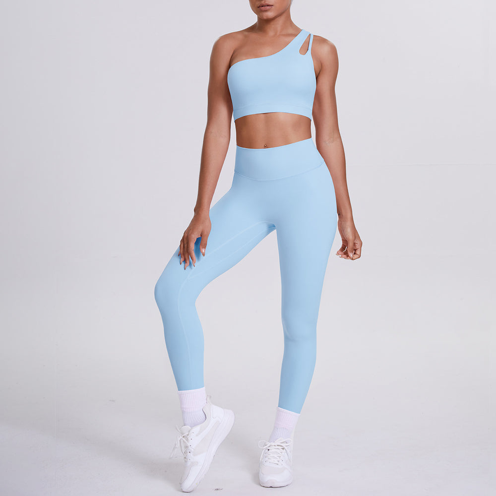 fashion double-sided nylon brushed single-shoulder yoga suit sports running fitness pants two-piece set for women